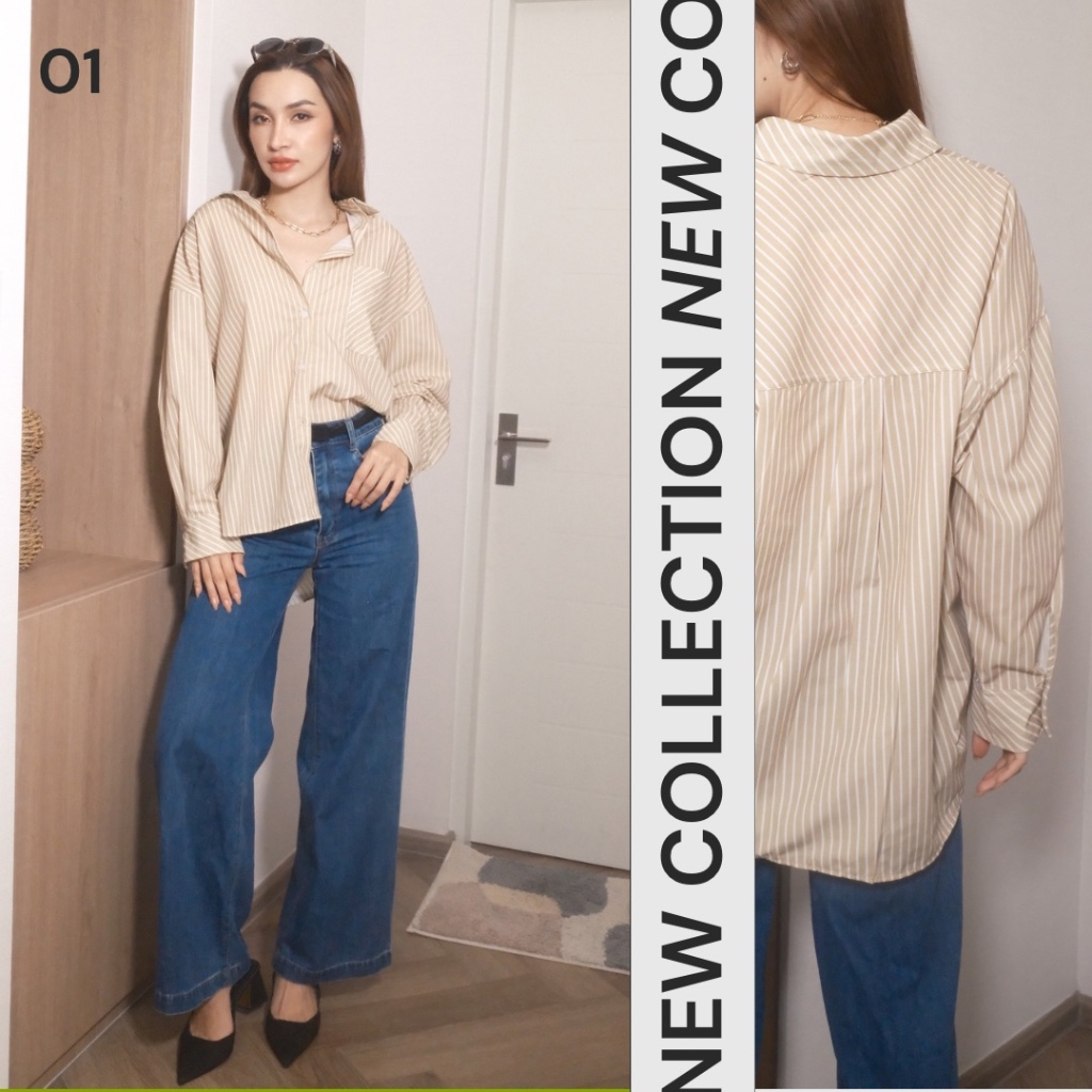 พร้อมส่ง เสื้อเชิ๊ตลายริ้วแขนยาวอก50