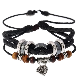 สร้อยข้อมือ กำไล ข้อมือ หนัง Multi-Layer Woven Leaf Pendant Men's Leather Bracelet Cross-Border