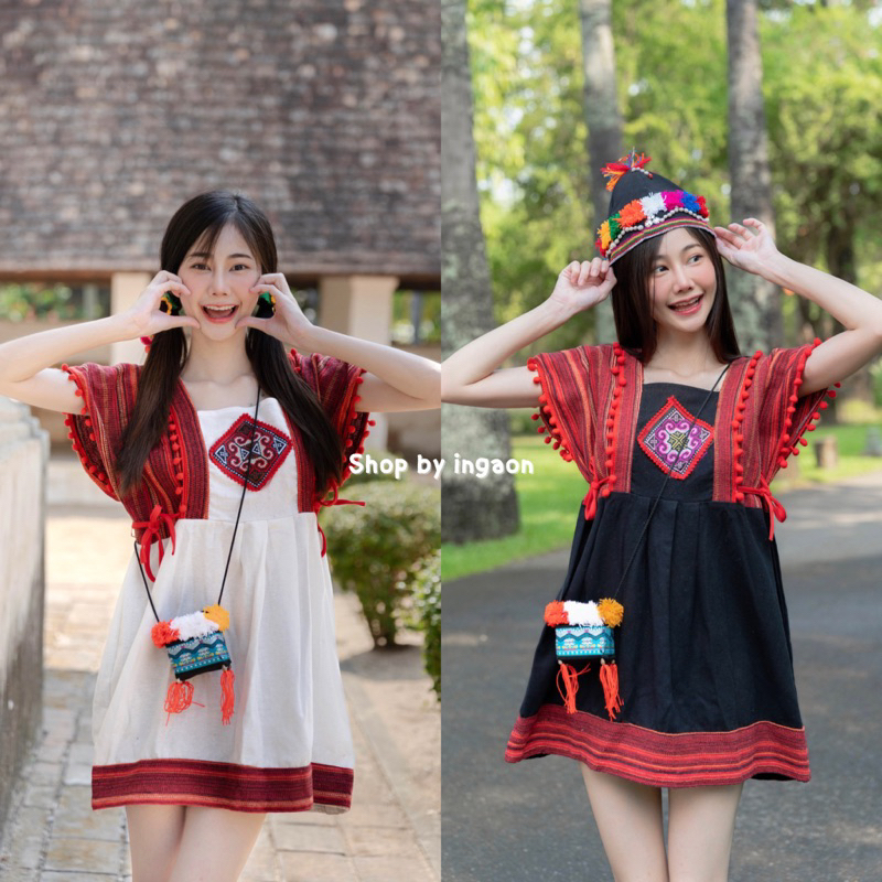 ชุดเดรสพื้นเมือง ชุดดอยมินิเดรสสั้น เดรสผ้าฝ้ายเเต่งผ้าทอนากา