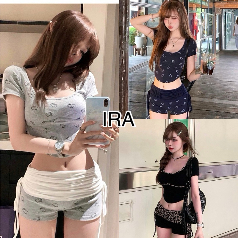 BY IRA พร้อมส่ง Mickey top (93195) Set 2 ชิ้น เสื้อครอป คอเหลี่ยมทรงสวย + กางเกงขาสั้น แต่งเอวย่นผูกเชือกข้าง