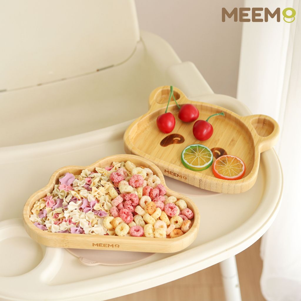 MEEM จานไม้ไผ่สำหรับเด็ก ฐานดูดสูญญากาศ ลายการ์ตูน จานไม้เด็ก
