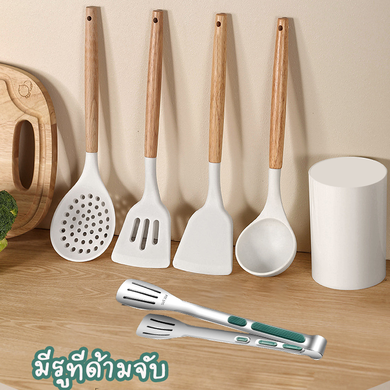 ตะหลิวซิลิโคน ด้านไม้ ทนความร้อน เครื่องครัว ทัพพี กระบวย ที่คีบอาหาร