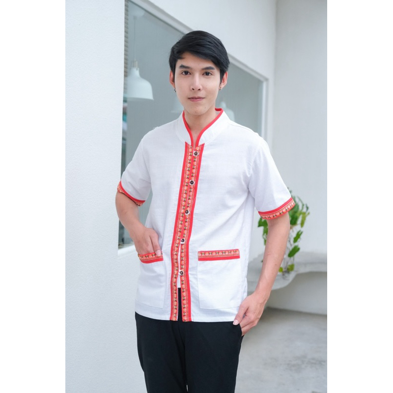 เสื้อภูไทชายแขนสั้นแถบแดง