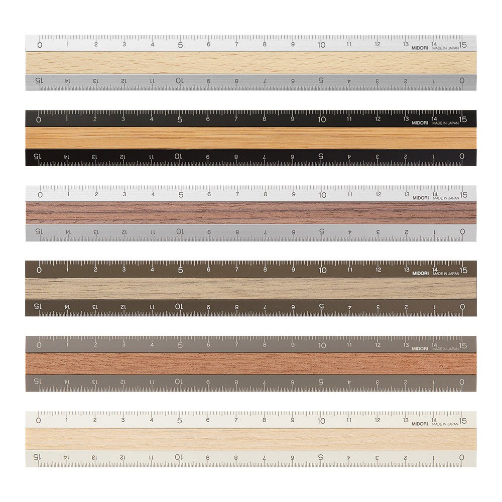MIDORI Aluminium & Wood Ruler ไม้บรรทัดแบรนด์มิโดริ อลูมิเนียม & ไม้ ขนาด 15 cm (สี Ivory / Gray / Brown)