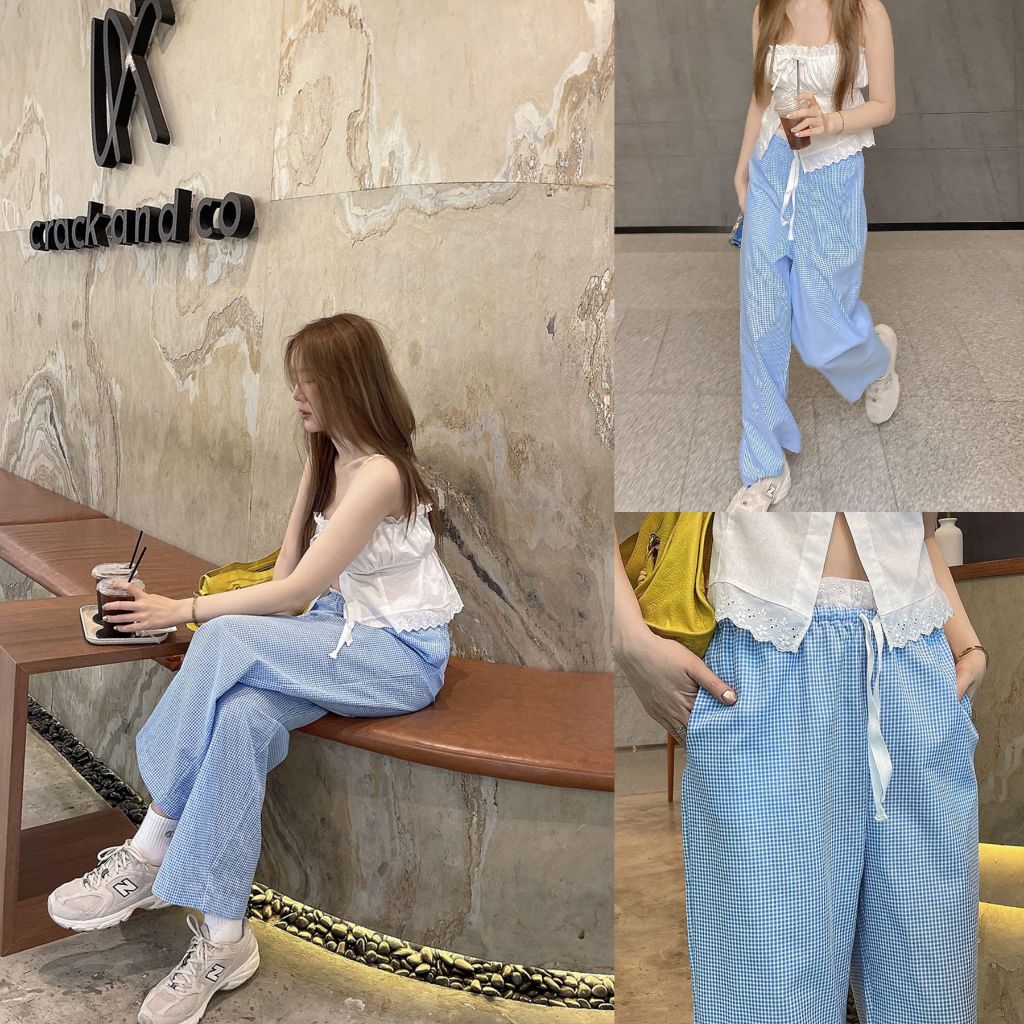 แดง/ฟ้า SLYQ GINGHAM RUFFLE WAIST PANTS กางเกงขายาวลายตารางเล็กเอวรูดแต่งลูกไม้