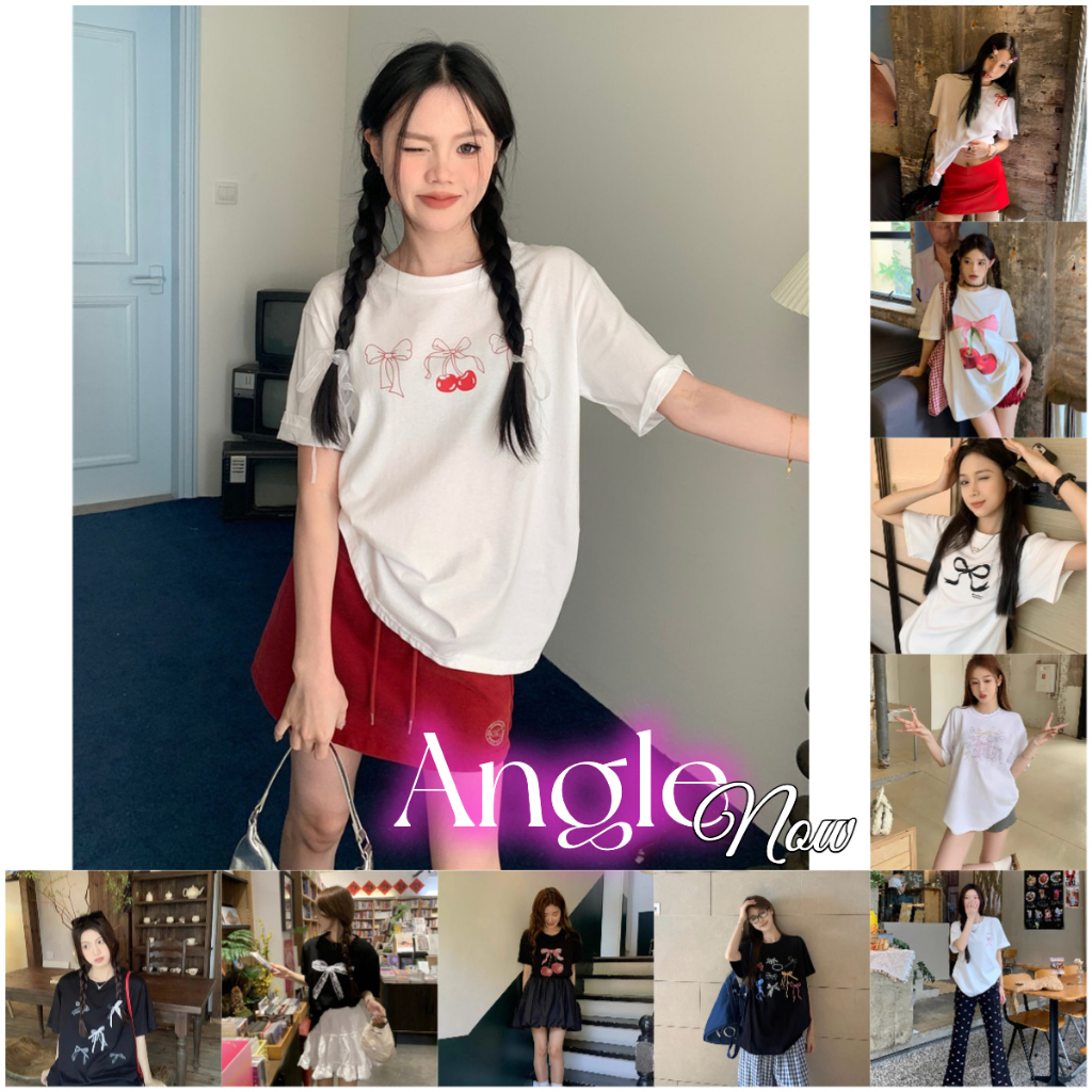 （จัดส่งตลอด 24 ชั่วโมง）Angle Official เสื้อยืดลําลอง แขนสั้น ประดับโบว์ ลายเชอร์รี่