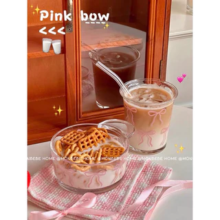 แก้ว แก้วน้ำ แก้วกาแฟ ลายโบว์สีชมพู สำหรับร้านกาแฟ พร้อมส่ง！！！