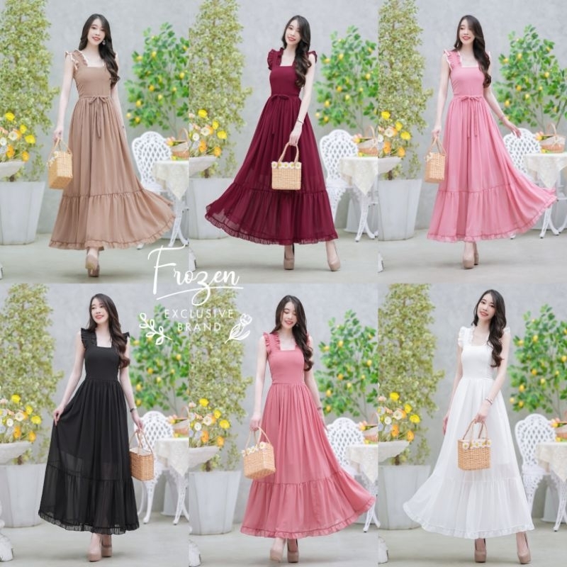Maxi Dress แม็กซี่เดรสแขนกุด              ผ้าชีฟองยืดหนาพิมพ์ทอลายนูนเอวสม็อคหลัง ข้างเอวมีสายผูก💕