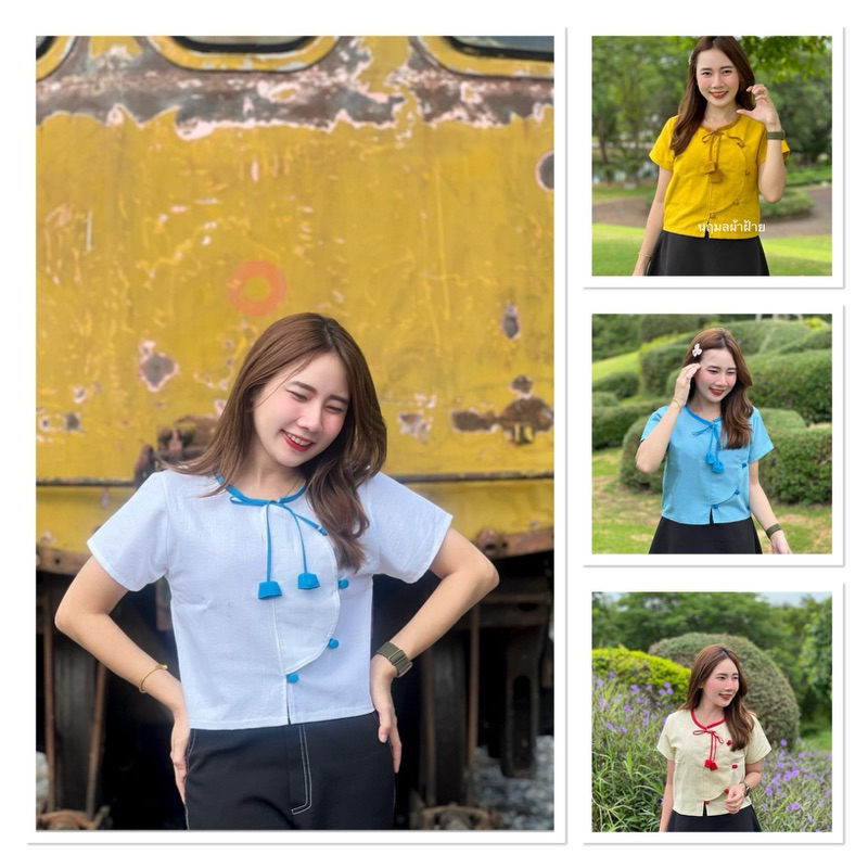 เสื้อครอปผ้าฝ้ายผูหญิงผูกดอกทิวลิปคอกลมกระดุมปั๊ม
