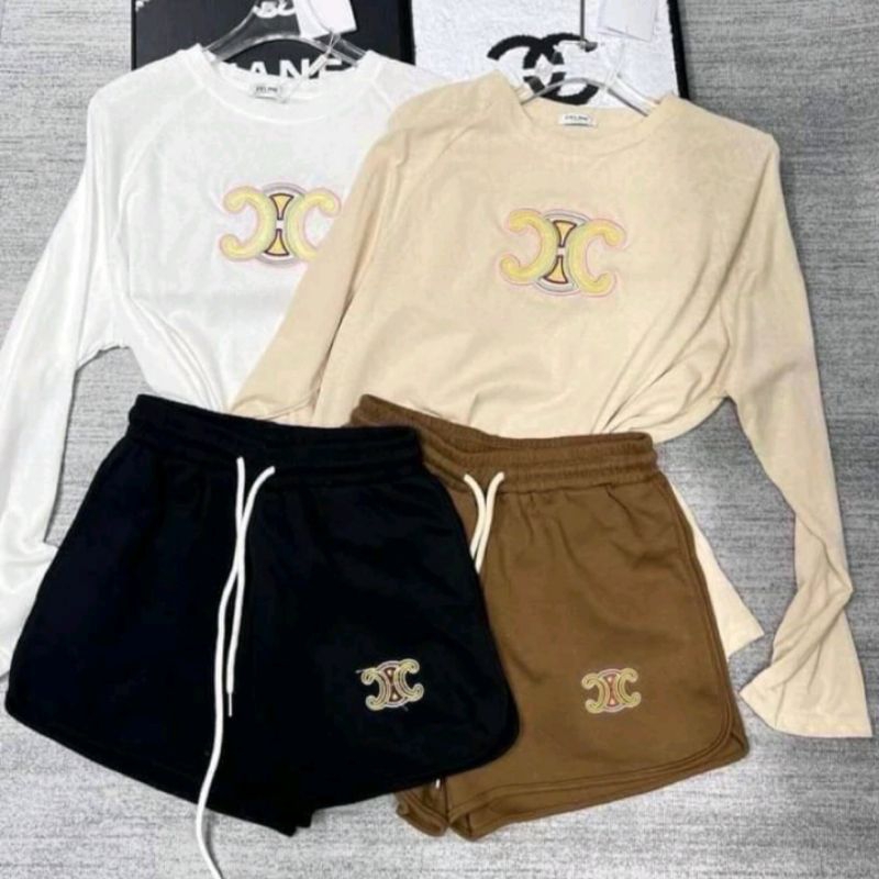 GoodNine พร้อมส่ง งาน 2 ชิ้นเสื้อคอกลมแขนยาวปักโลโก้สุดหรูคู่กับกางเกงขาสั้นผ้าเนื้อดีใส่สบายดีไซน์สวยใส่เท่ๆคูลๆเอาอยู่