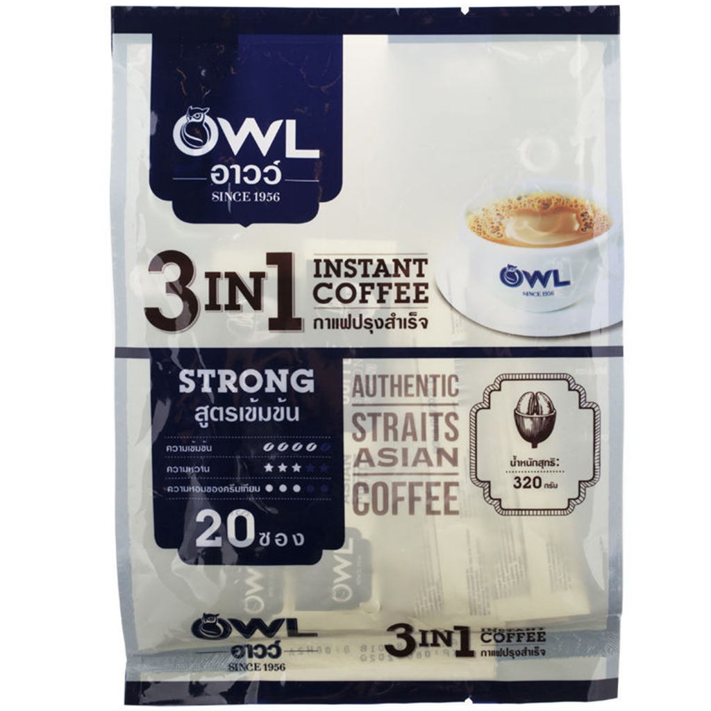 Owl instant coffee 3 in 1 strong 16 grams, pack of 20 sachet 320g.อาวว์ กาแฟสำเร็จรูป 3in1 เข้มข้น อ
