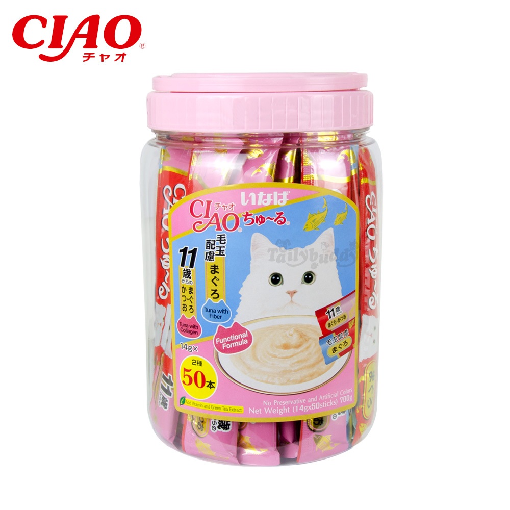 CIAO ชูหรุ กระปุกขนมแมวเลีย รวมปลาทูน่าผสมไ่ฟเบอร์ (14gx50ชิ้น) (TSC-14T)