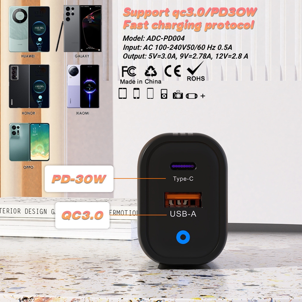 🔥ส่งจากไทย🔥เครื่องชาร์จโทรศัพท์มือถือ 30W USB + TYPE-C ที่ชาร์จเร็วสุด, หัวชาร์จเร็ว PD + USB มาตรฐานของสหรัฐอเมริกา