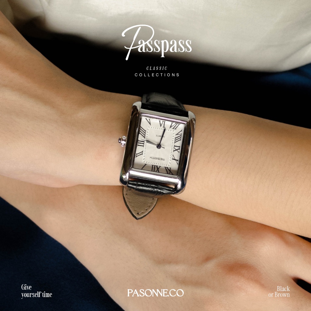 pasonne.co นาฬิกาข้อมือ ทรงผืนผ้า รุ่น passpass สายสีดำและน้ำตาล เหมาะกับรอบข้อมือใหญ่
