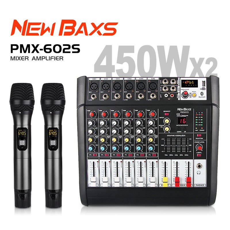 Newbaxs PMX602D/PMX602S Professional Mixer 6ช่อง16DSP 2ชั้น Equalizer EQ 2ไมโครโฟนไร้สายมือถือ450W M