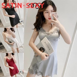 SATIN SEXY ชุดนอนไม่ได้นอน ชุดนอนยั่วๆ ชุดนอนเดรส 💗 มีไซต์ใหญ่ S-XXL ได้ถึง 80kg อกแต่งลูกไม้ มีฟองน้ำในตัว S-164