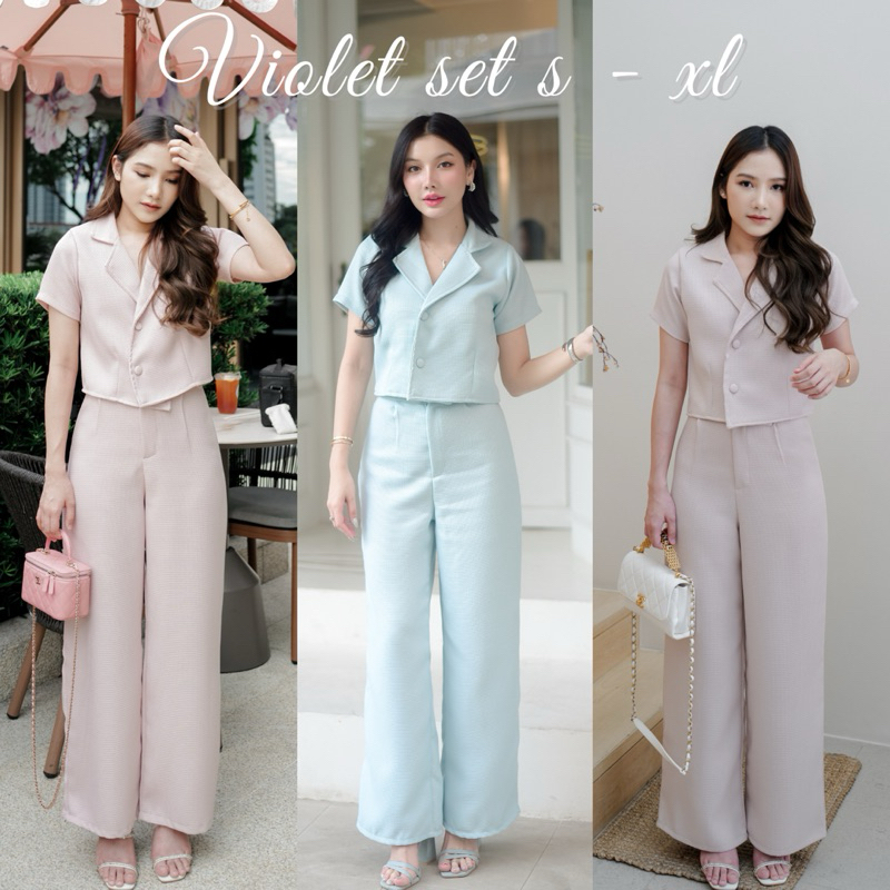 VIOLET SET - SHP_HAPPY ชุดเซทเสื้อคอปกแขนสั้นกางเกงขายาวผ้าทวีตสุดเรียบหรู