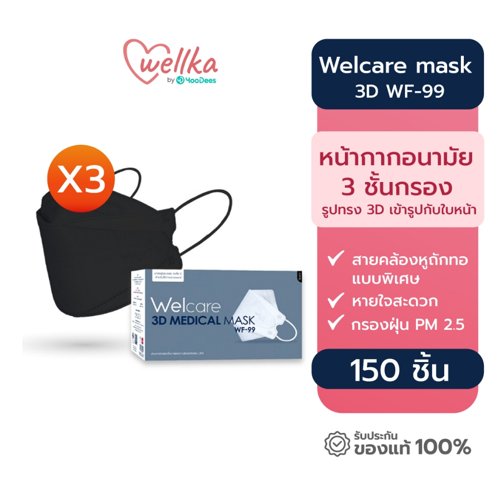 [สินค้าขายดี แพ็คสุดคุ้ม] Welcare เวลแคร์ หน้ากากอนามัยทางการแพทย์ 3D WF-99 สีดำ P50