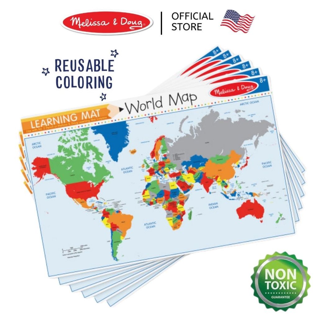 (ของแท้ USA) แบบฝึกหัด แผ่นกิจกรรม เขียนลบได้ แผนที่โลก Reusable Learning Mat Melissa & Doug 5042