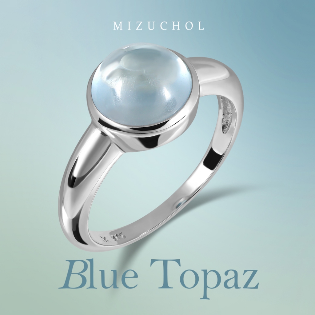Mizuchol - แหวนเงินแท้ชุบทองคำขาว Raindrop Ring ประดับ Blue Topaz