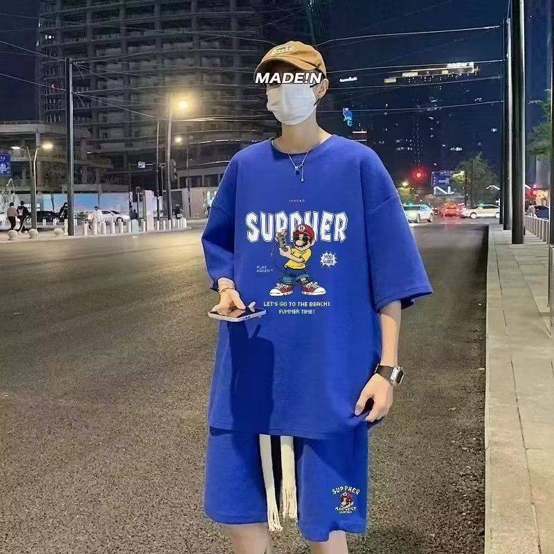 ชุดเซตผู้ชาย แขนสั้นขาสั้น แฟชั่น สไตล์เกาหลี ผ้าวาฟเฟิล