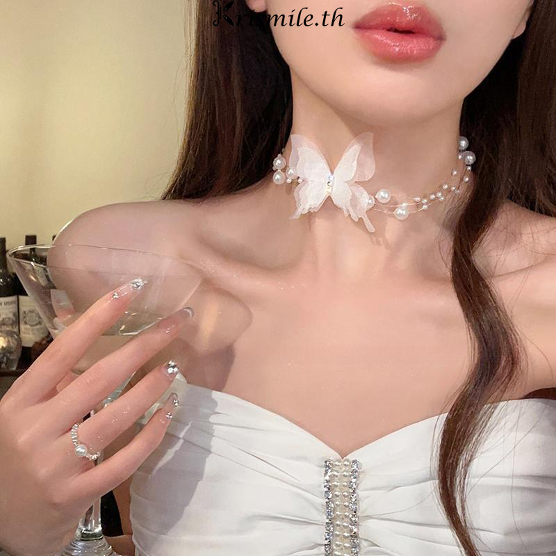 COD-ในไทย💖สร้อยคอ มุกริบบิ้นโบว์ โซ่ไหปลาร้า สีขาว ระดับไฮเอนด์ สไตล์เกาหลี แฟชั่นสําหรับผู้หญิง ปรับขนาดได้ 2024ใหม่-Kr