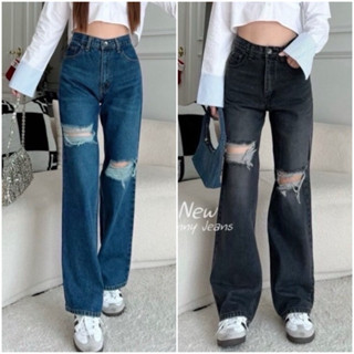 🔥ไซส์S~40 กางเกงยีนส์ขายาวเอวสูงขากระบอกแต่งขาด มีไซส์สาวอวบ…