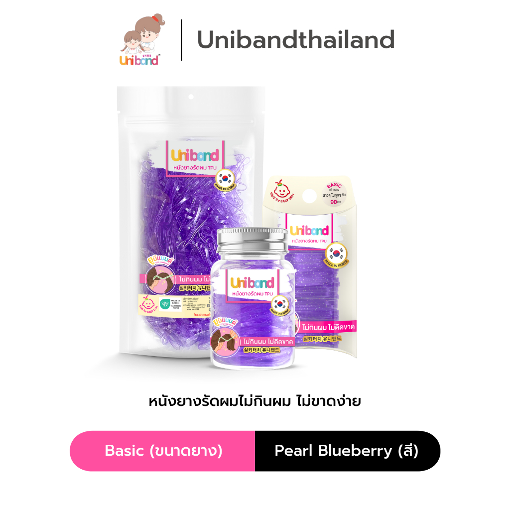 Uniband หนังยางรัดผม ไม่กินผม ไม่ดีดขาดง่าย TPU Basic Size : Pearl BlueBerry