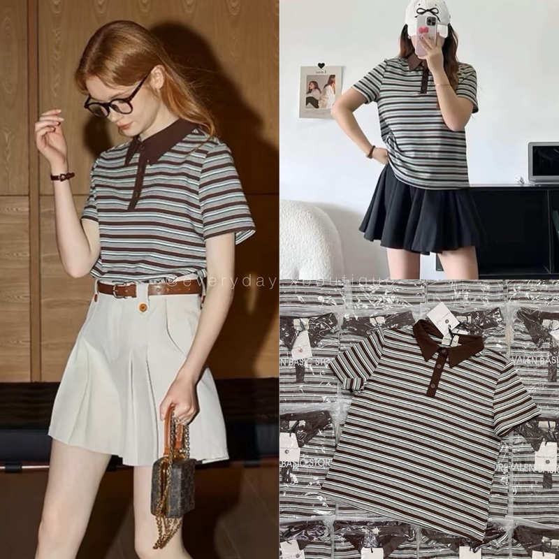 พร้อมส่ง Stripe basic polo (350฿)สไตล์นี้มาแรงที่สุดในซีซั่นนี้เลยค่า เสื้อคอปกโปโลผ้าทอลายริ้ว จับคู่โทนสีเกาหลี valen