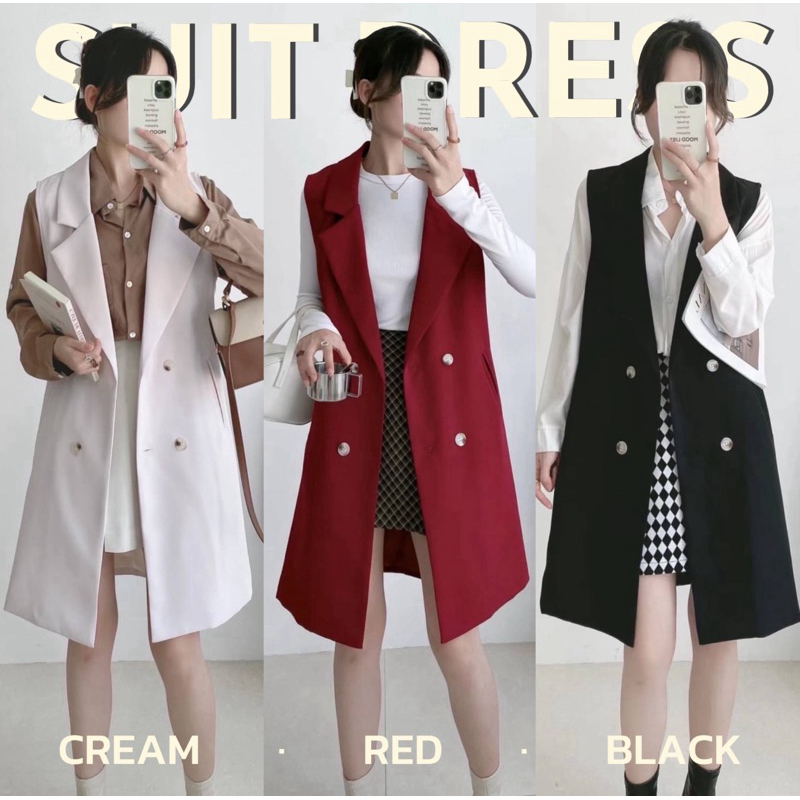 Blazer suit dress ชุดคลุมทรงสูทตัวยาวสุดคลาสสิค ดีเทลคอปกหยัก กระดุม4เม็ด มี7สี
