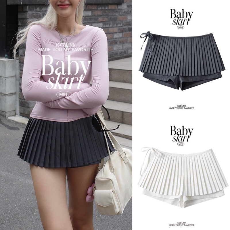 ICEBLINK | Baby skirt💗 กระโปรงพลีทสั้นสายผูกข้าง มี2สี (พร้อมส่ง)
