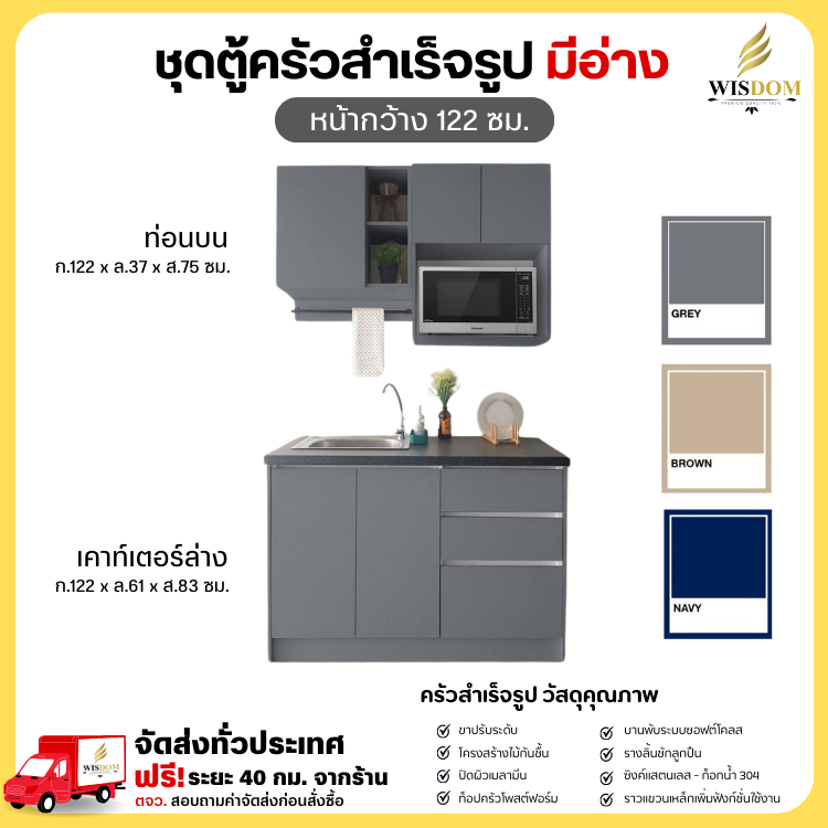 ชุดครัวสำเร็จรูป เคาท์เตอร์ครัว 122 ซม. ขนาด ตู้ชุดครัว เคาท์เตอร์ห้องครัว **ตจว.มีค่าจัดส่ง สอบถามก่อนสั่งสินค้า**
