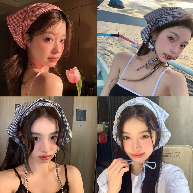 พร้อมส่งจากไทย(ส่งไว)ผ้าโพกหัวลูกไม้ลายสกอต ที่คาดผมทรงสามเหลี่ยม เครื่องประดับผม เหมาะกับเดินชายหาด