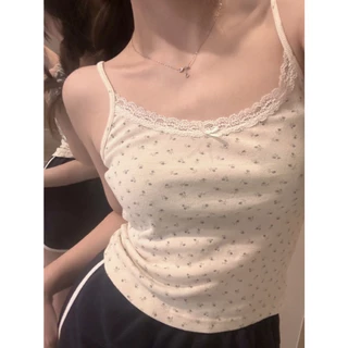 PX สาวอวบใส่ได้ เสื้อสายเดี่ยวผู้หญิง เสื้อครอปลายดอกไม้ ขอบลูกไม้น่ารัก สไตล์สาวหวาน มินิมอล แมทช์ง่าย ราคาถูก Clothing