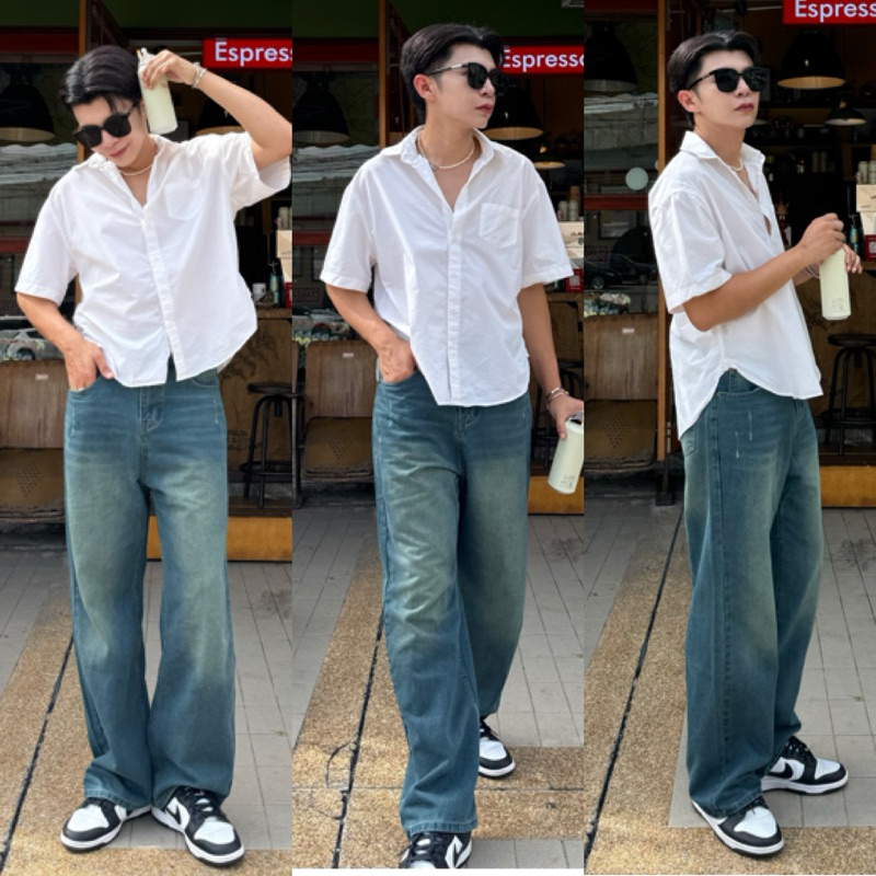 Baggy Jeans สีใหม่ 015X07 กางเกงยีนส์เอวสูง ทรงกระบอก สี Green Blue Jean
