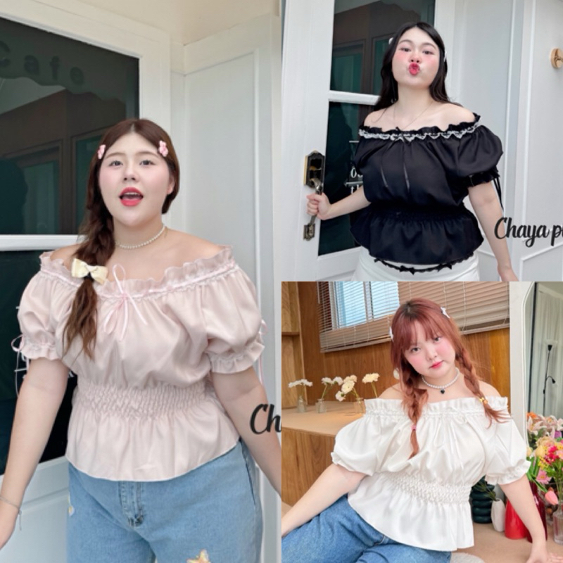 เสื้อปาดไหล่ แต่งเชือกผูกน้องโบว์ที่อก งานสม๊อคเอวทำให้เข้ารูป ไซส์ใหญ่