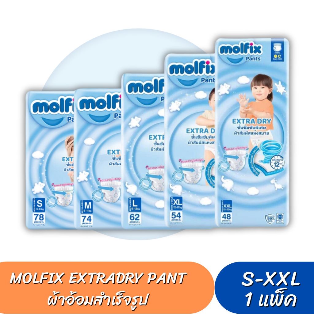 Molfix Extra Dry ผ้าอ้อมเด็ก โมลฟิกซ์ ผ้าอ้อมสำเร็จรูป แพมเพิส (ไซส์ S-2XL)