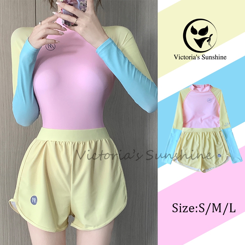 Victoria's Sunshine ชุดว่ายน้ำ+กางเกงขาสั้น วันพีช แขนยาวเซ็กซี่ กันuv สีน่ารัก ไลฟ์สดลด50% One piece swimsuit#0206