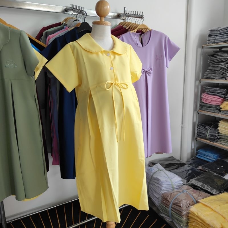 ชุดคลุมท้องสีเหลือง สีมัสตราด อก34-42นิ้ว ใส่ทำงานสุภาพคลุมเข่า