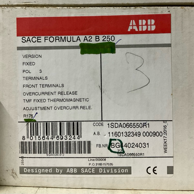 ABB A2B 250 175A 3P 18kA, (MCCB) Formula #ตัวสุดท้ายราคาพิเศษ