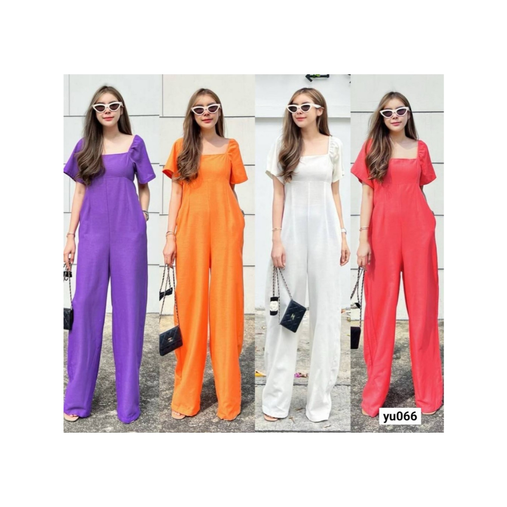 Jumpsuit จั๊มสูทขายาว คอเหลี่ยมแขนสั้น มีกระเป๋าสองข้าง มีซิปหลัง yunaka