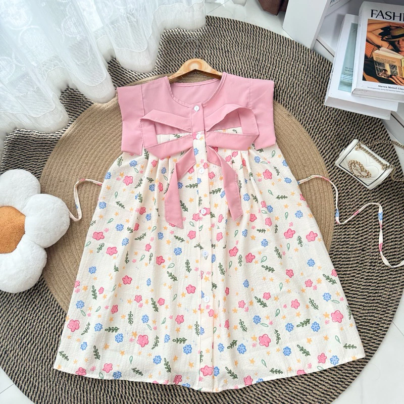 Dress( แขนล้ำ )กระดุมโบว์ใหญ่ แต่งสีพื้น ( non - 03)