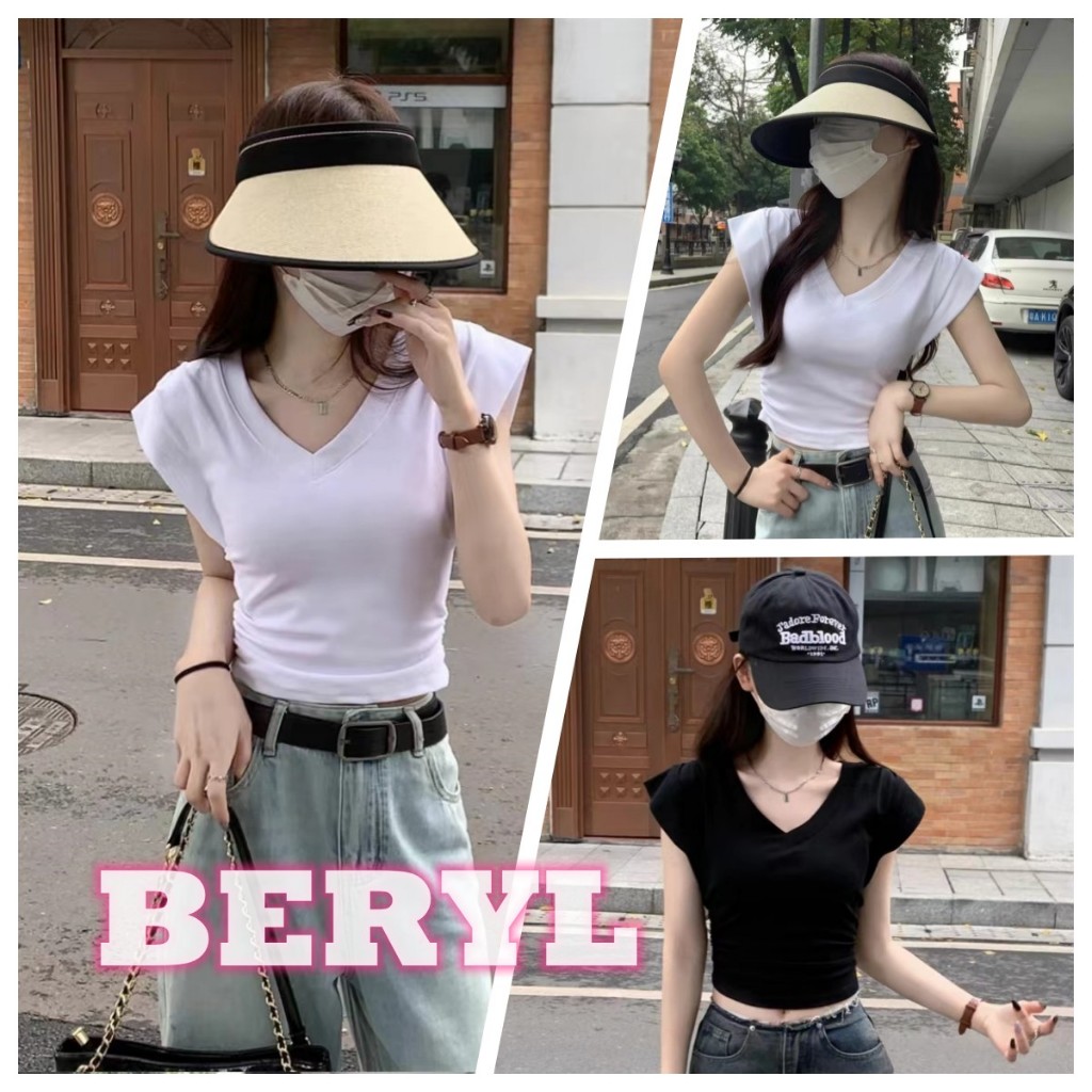 Beryl เสื้อยืดเรียบง่าย ฤดูร้อนสไตล์ใหม่สาวเย็นสไตล์ถนนคอวีแขนบินขนาดเล็กครอบตัดด้านบน