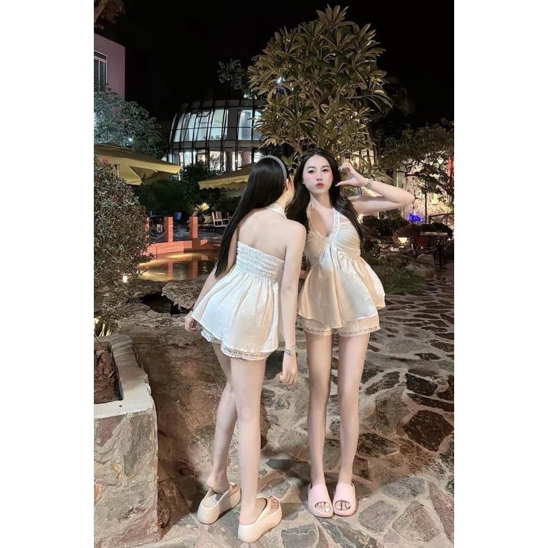 Phapassz - 🌱ชุดเซต🌱ผ้าใส่สบายพริ้วๆ สายผูกคอลูกไม้ปรับตามช่วงตัว Goodluck