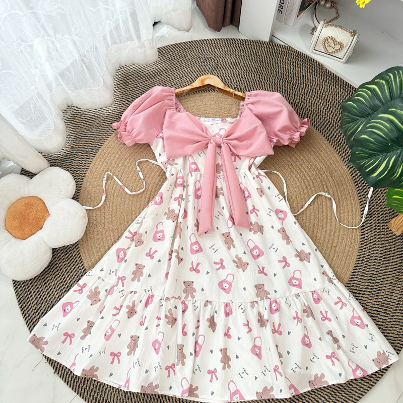 Dressbow ลายน่ารักชายระบายยาว ( YN โบว์ใหญ่ )