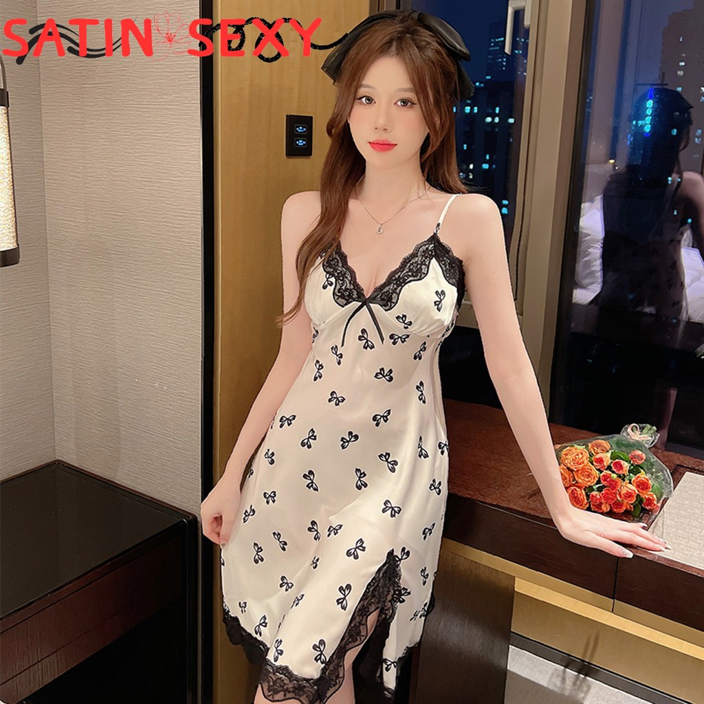 SATIN SEXY ชุดนอนสายเดี่ยว ชุดนอนกระโปรง ชุดนอนน่ารัก 🦋มีไซต์ตั้งแต่ M-5XL 40-100kg อกแต่งขอบลูกไม้ D-003