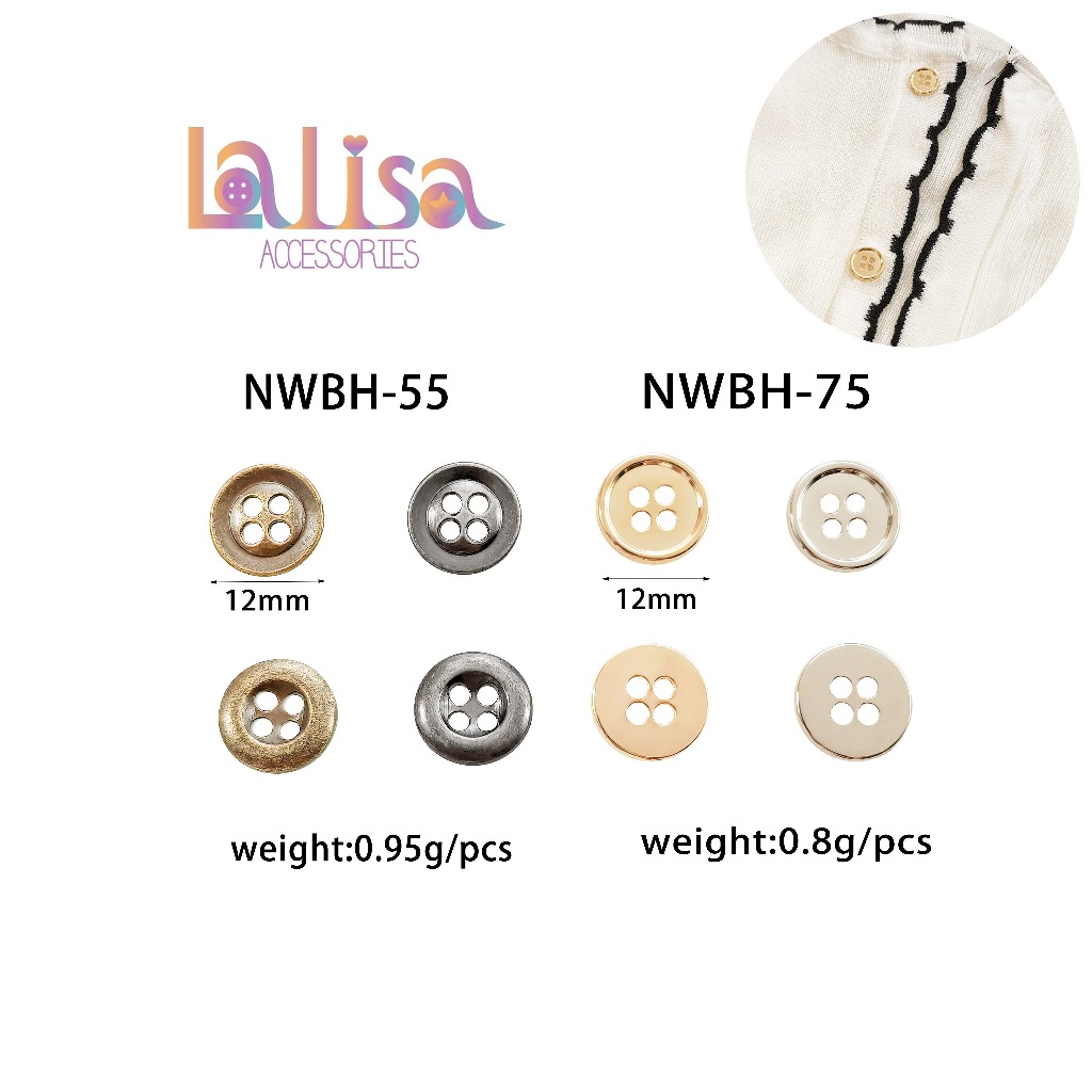 กระดุมโลหะแบบ 4  รู กระดุมสูท กระดุมแฟชั่น 12 มิล กระดุมทรงกลม Alloy 4 hole button (A-3-E,NWBH)