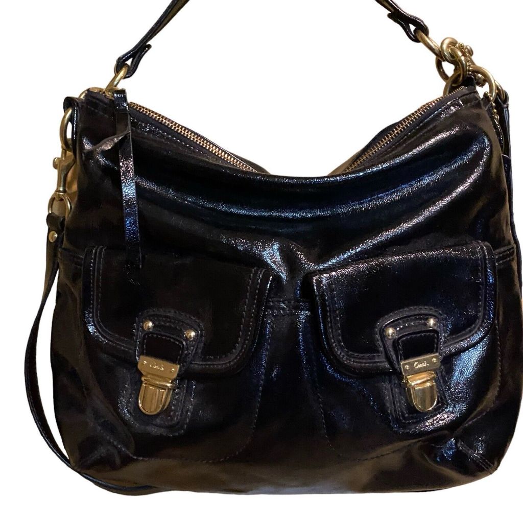 กระเป๋าหนังแท้ Coach COACH NWT Daisy Liquid Gloss Pocket Hobo Bag-Black Pat Leather F23401 MSRP