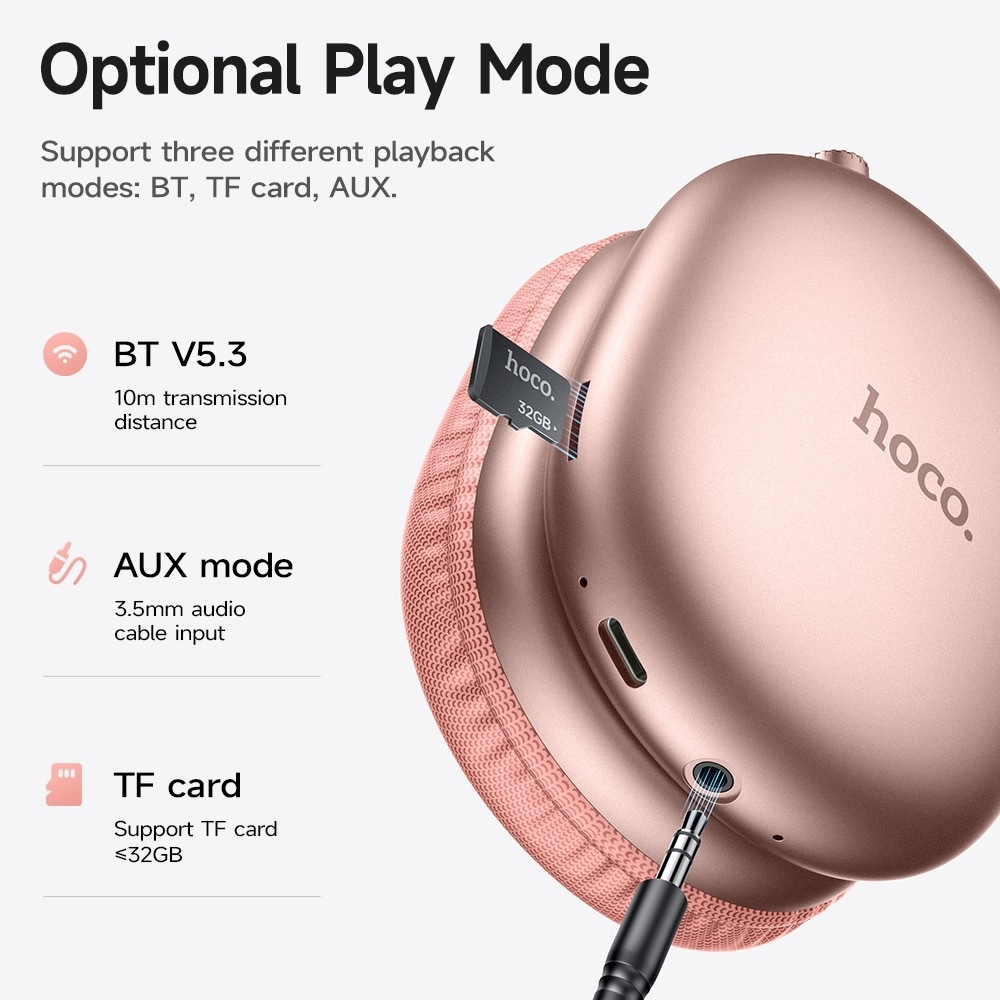 HOCO W35 Max หูฟังบลูทูธแบบครอบหู BT 5.3 Wireless Headphones มีไมโครโฟน ใช้งานได้นานยิ่ืงขึ้น  รองรับ Aux 3.5mm./TF card