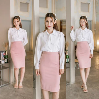 กระโปรงทำงาน เอวสูงขอบใหญ่ ผ้าโรเชส ยาว24นิ้ว กระโปรงทรงเอ